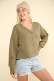 VERY J Exposed Seam V-Neck Ribbed Knit Top - Trendsi