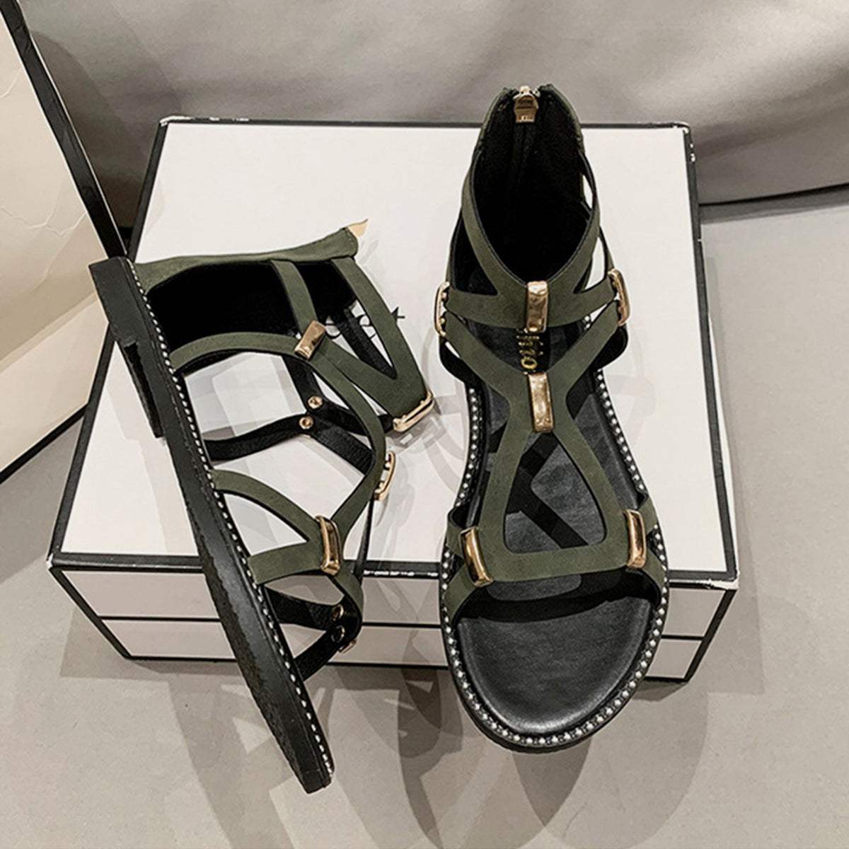 Open Toe Back Zipper Flat Sandals - Trendsi - Flyclothing LLC