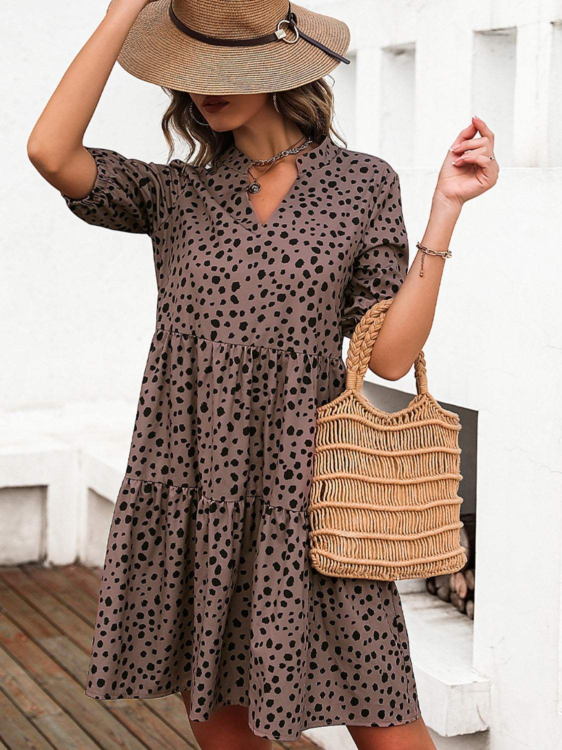 Printed Notched Half Sleeve Dress - Trendsi - Flyclothing LLC