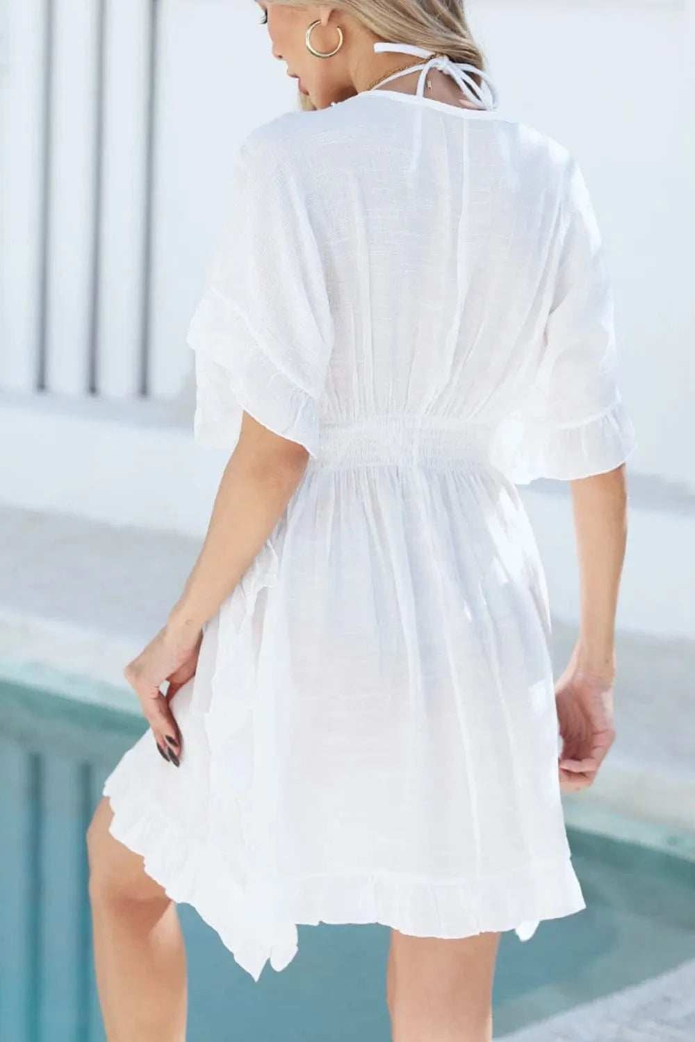 Ruffled Smocked Waist V-Neck Cover-Up - Trendsi - Flyclothing LLC