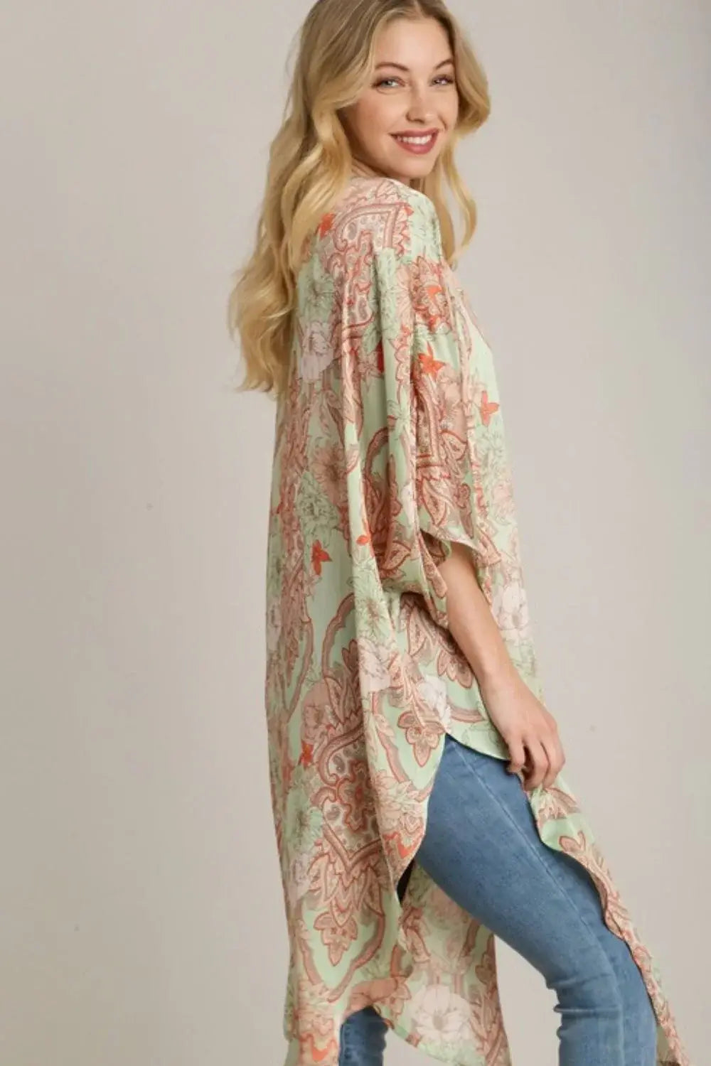 Umgee Full Size Mixed Print Open Front Kimono with Ruffle Sleeves Plus Size - Trendsi - Flyclothing LLC