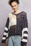 POL Color-Blocked Stripe Pattern Knit Top with Twisted Weave - Trendsi - Flyclothing LLC