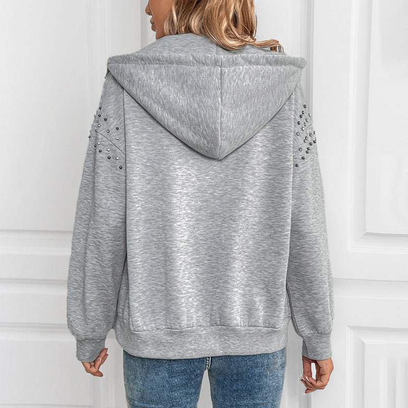 Perfee Rhinestone Zip Up Long Sleeve Hoodie - Trendsi - Flyclothing LLC