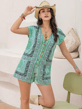Printed V-Neck Cap Sleeve Romper - Trendsi - Flyclothing LLC