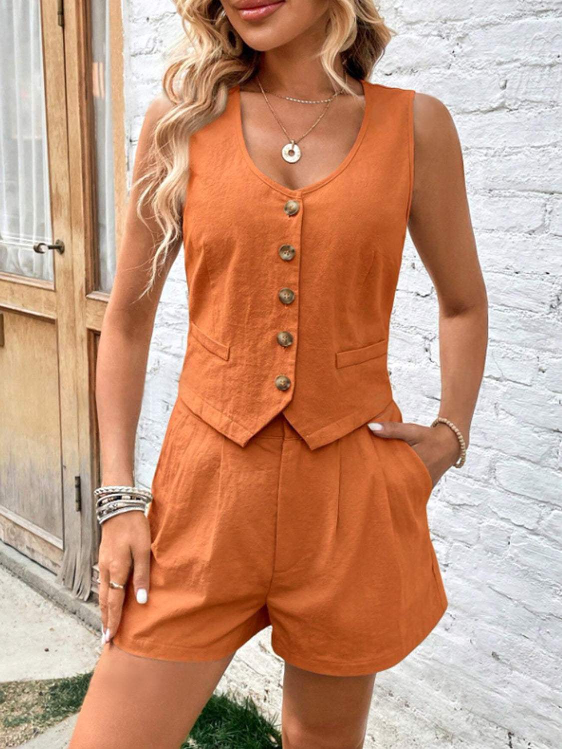 Scoop Neck Sleeveless Top and Shorts Set - Trendsi - Flyclothing LLC