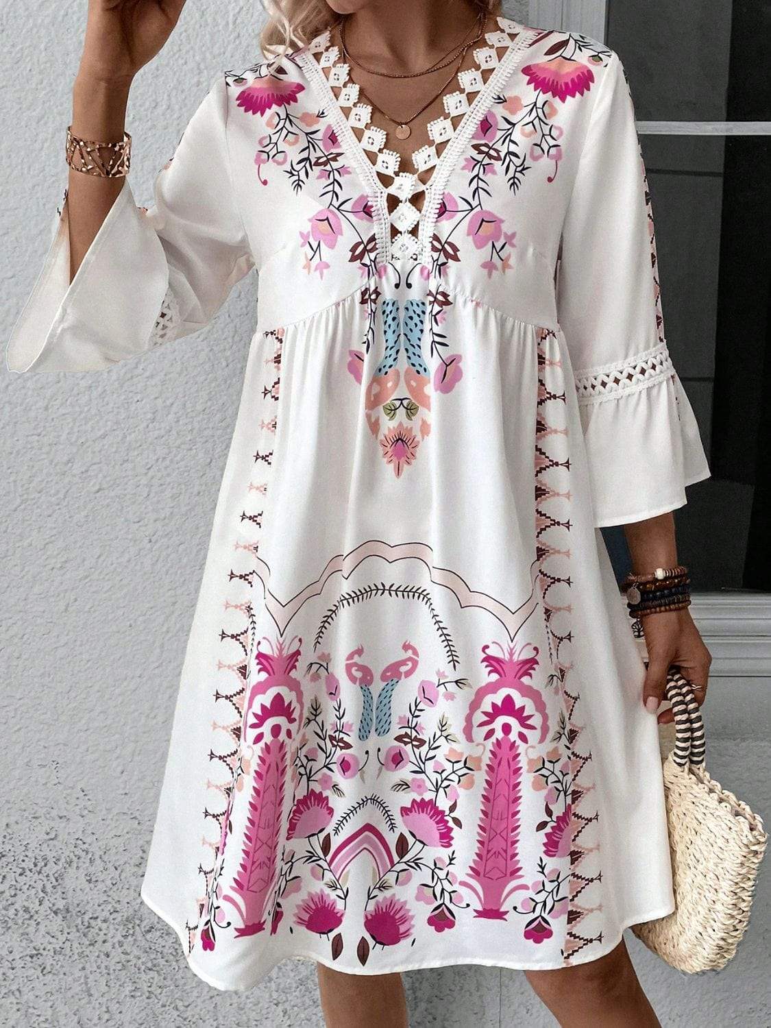 Lace Detail Printed Three-Quarter Sleeve Dress - Trendsi - Flyclothing LLC
