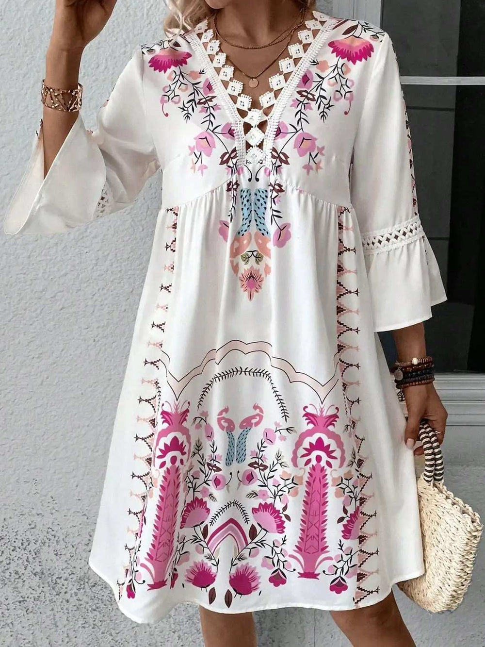 Lace Detail Printed Three-Quarter Sleeve Dress - Trendsi - Flyclothing LLC