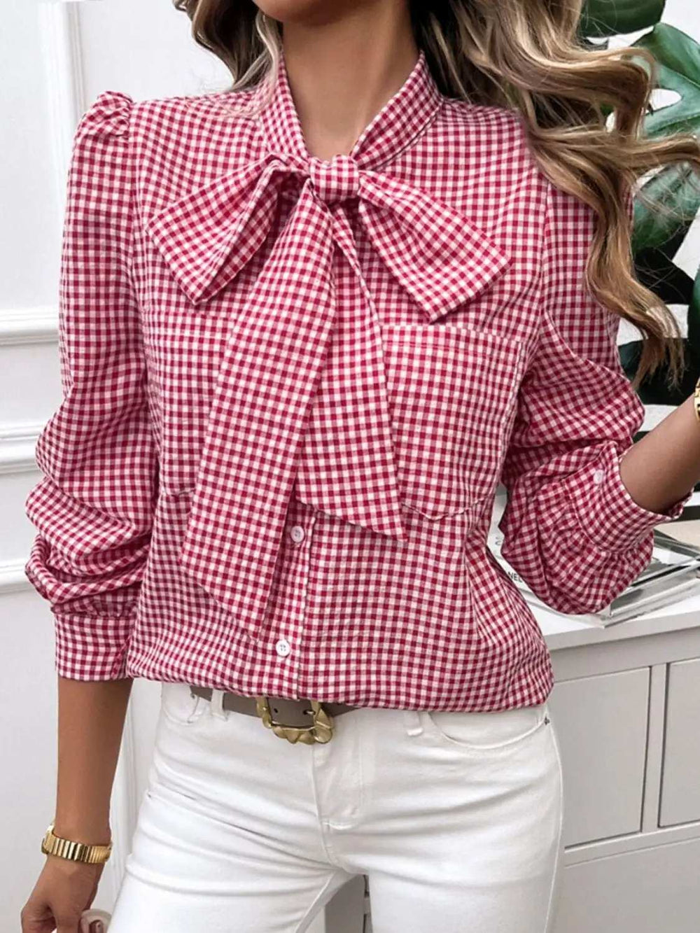 Devine Pocketed Plaid Tie Neck Long Sleeve Shirt - Trendsi - Flyclothing LLC