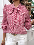 Devine Pocketed Plaid Tie Neck Long Sleeve Shirt - Trendsi - Flyclothing LLC