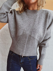 Round Neck Half Zip Long Sleeve Sweater - Trendsi