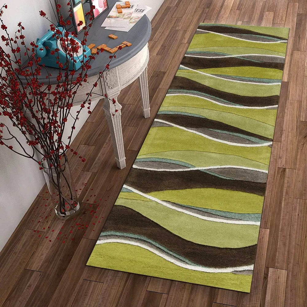 8' Lime Mocha Hand Tufted Abstract Waves Indoor Runner Rug - Homeroots - Flyclothing LLC