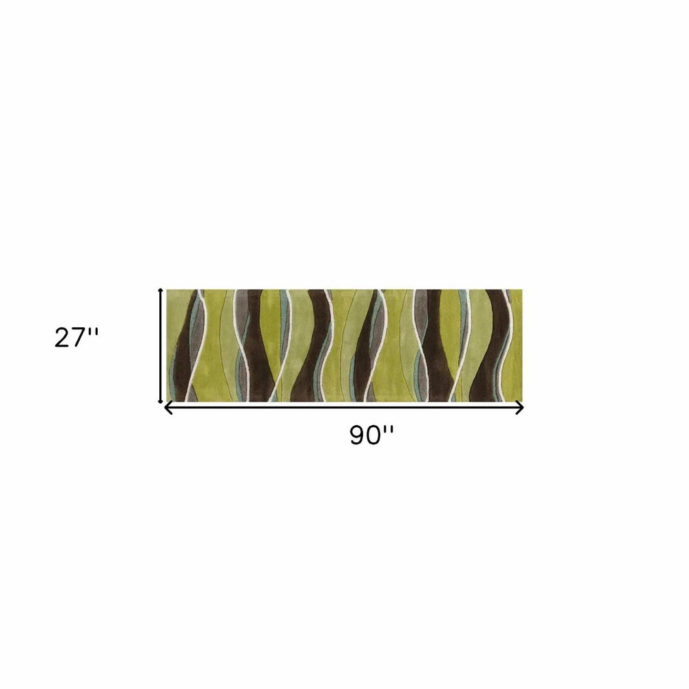 8' Lime Mocha Hand Tufted Abstract Waves Indoor Runner Rug - Homeroots - Flyclothing LLC