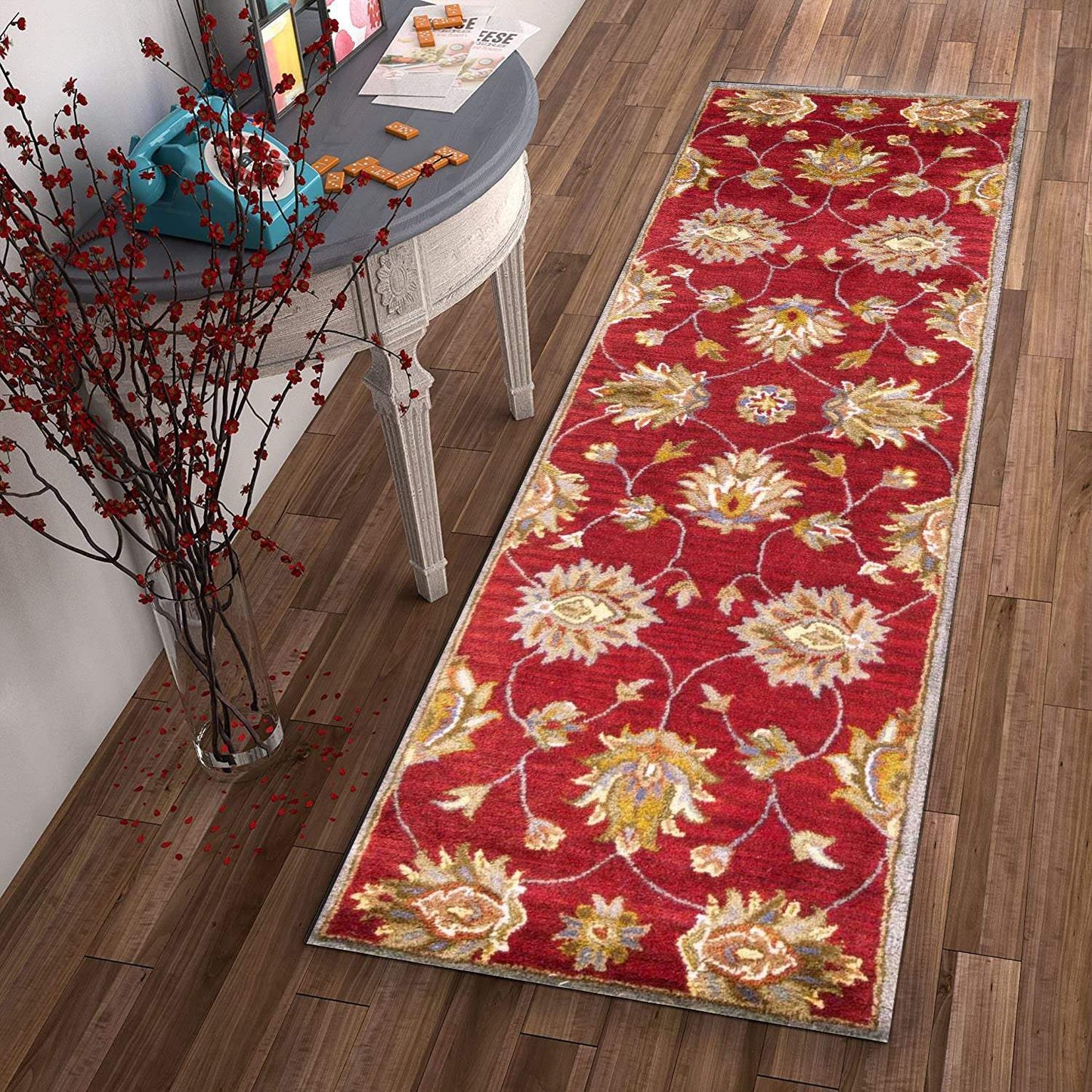 2' X 7' Red Floral Vines Bordered Wool Runner Rug - Homeroots - Flyclothing LLC