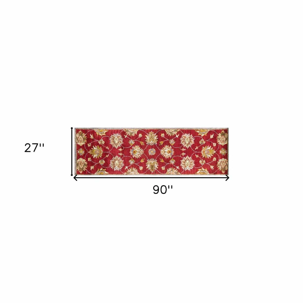 2' X 7' Red Floral Vines Bordered Wool Runner Rug - Homeroots - Flyclothing LLC