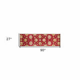 2' X 7' Red Floral Vines Bordered Wool Runner Rug - Homeroots