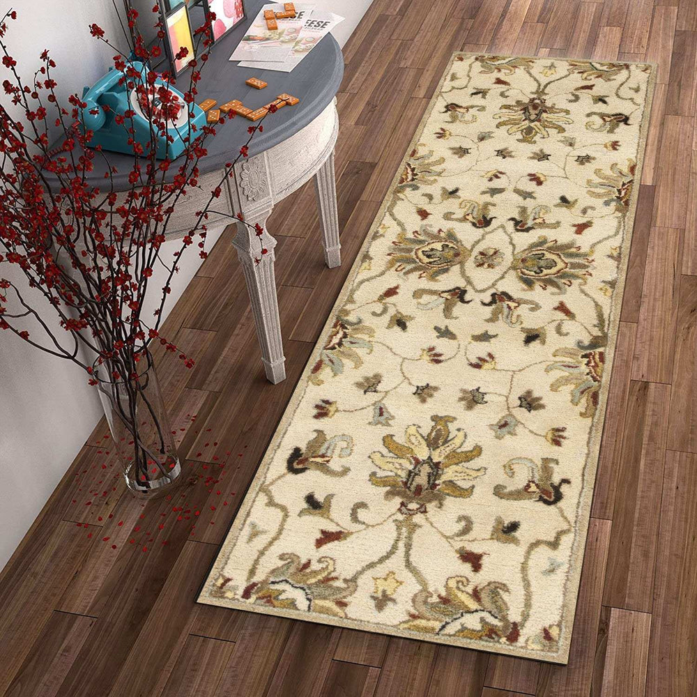 8' Champagne Wool Floral Handmade Runner Rug - Homeroots - Flyclothing LLC