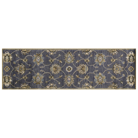 7' Midnight Blue Hand Tufted Wool Traditional Floral Indoor Runner Rug - Homeroots