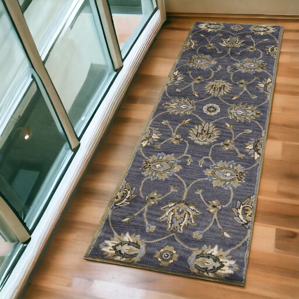 7' Midnight Blue Hand Tufted Wool Traditional Floral Indoor Runner Rug - Homeroots