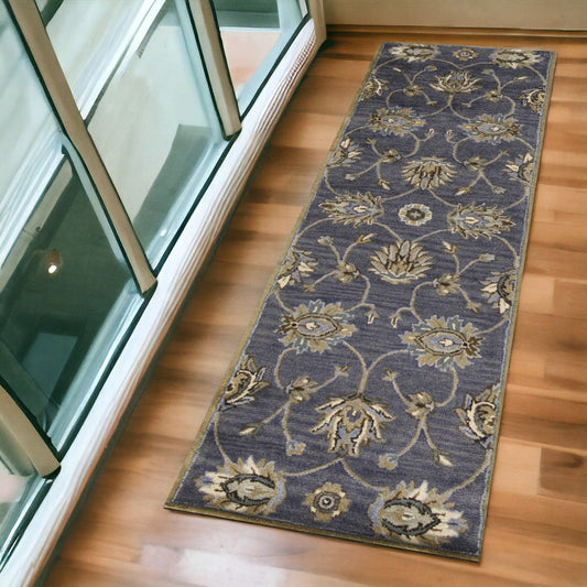 7' Midnight Blue Hand Tufted Wool Traditional Floral Indoor Runner Rug - Homeroots