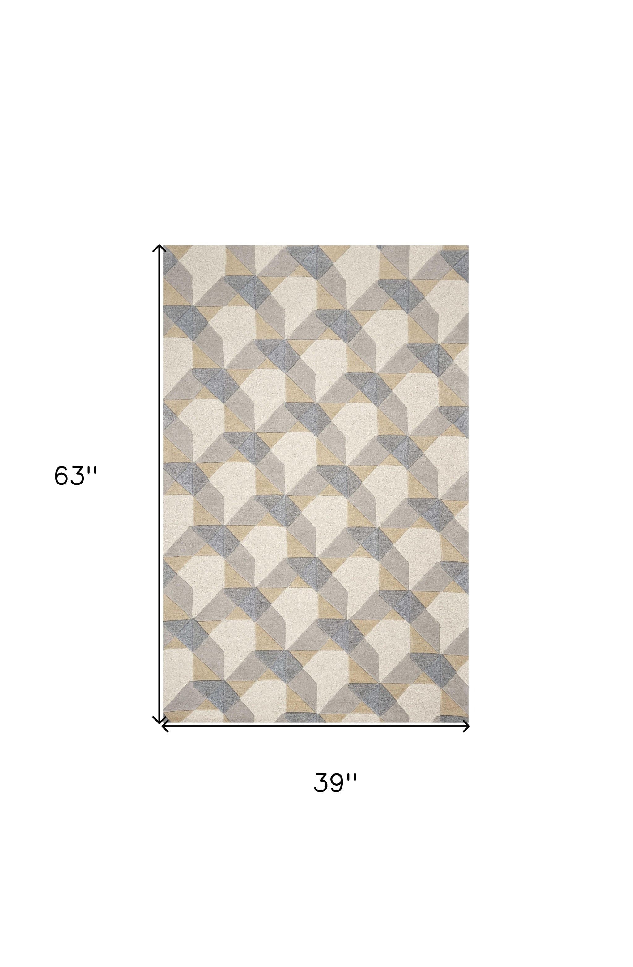 3' X 5' Ivory Or Grey Geometric Wool Area Rug