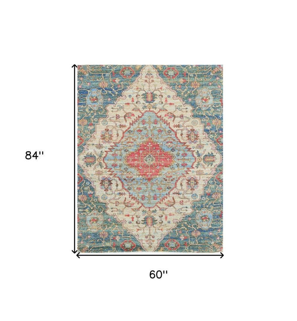 5' X 7' Blue and Beige Medallion Hand Woven Distressed Area Rug - Homeroots - Flyclothing LLC