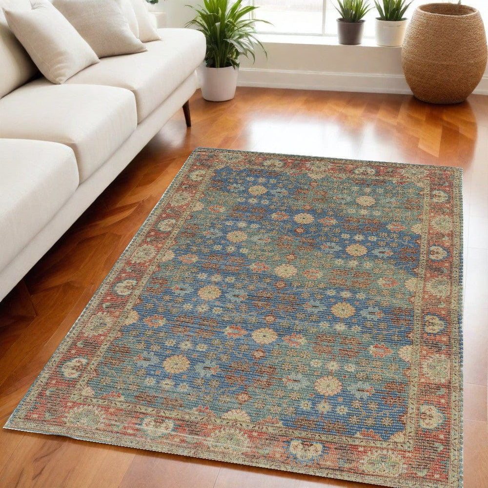 5' X 7' Blue and Red Floral Medallion Hand Woven Area Rug - Homeroots