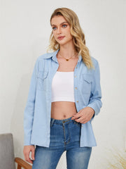 Pocketed Button Up Long Sleeve Denim Shirt - Trendsi