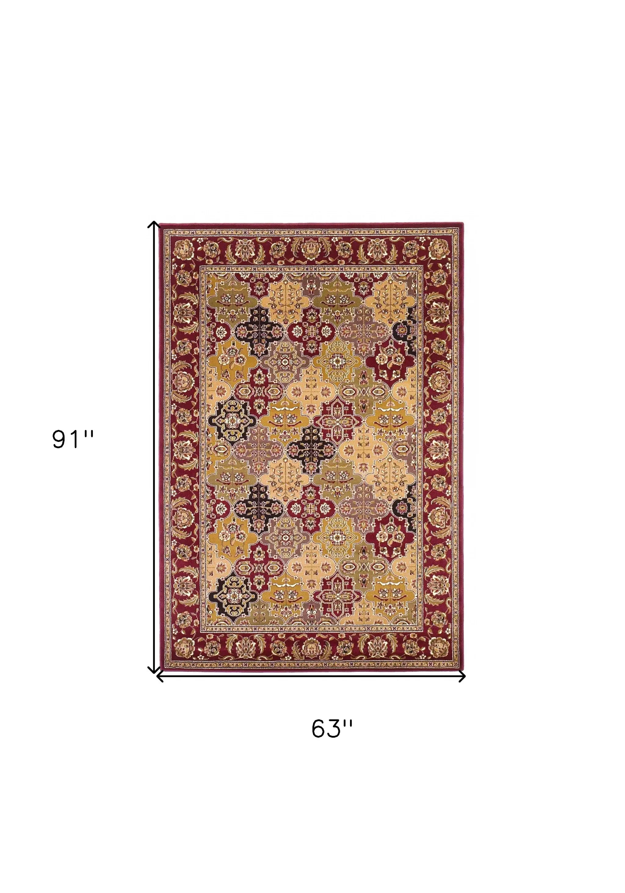 5' X 8' Red Floral Panel Bordered Area Rug - Homeroots - Flyclothing LLC