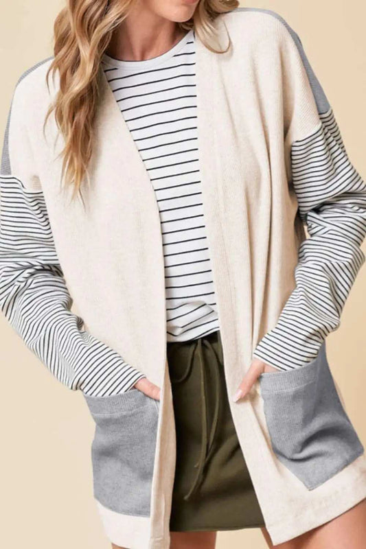 Open Front Long Sleeve Striped Cardigan with Pockets - Trendsi - Flyclothing LLC