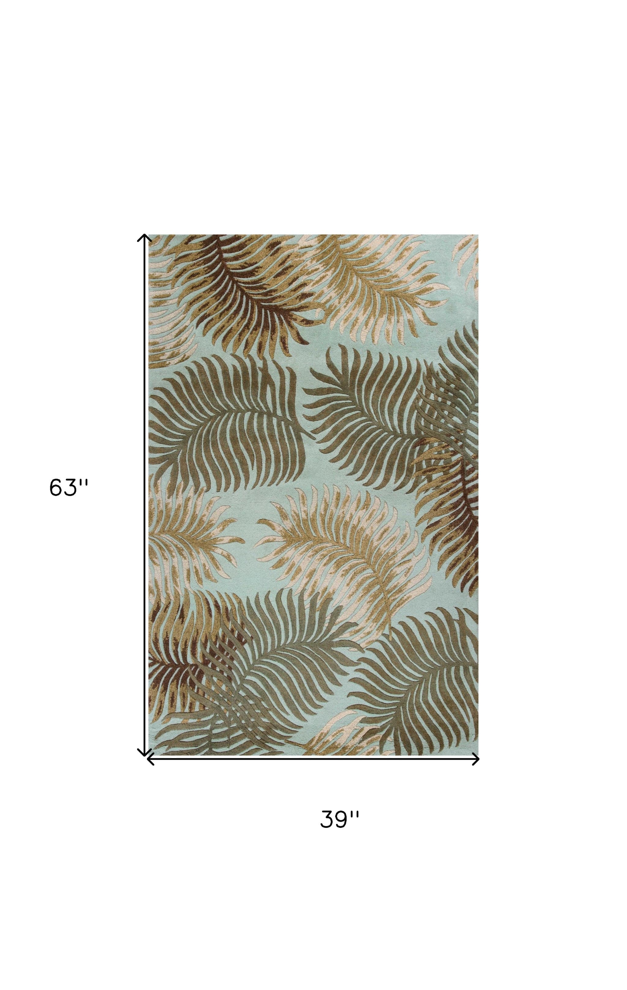 3' X 5' Aqua Fern Leaves Wool Area Rug