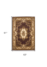 5' X 8' Plum Ivory Machine Woven Hand Carved Floral Medallion Indoor Area Rug - Homeroots - Flyclothing LLC