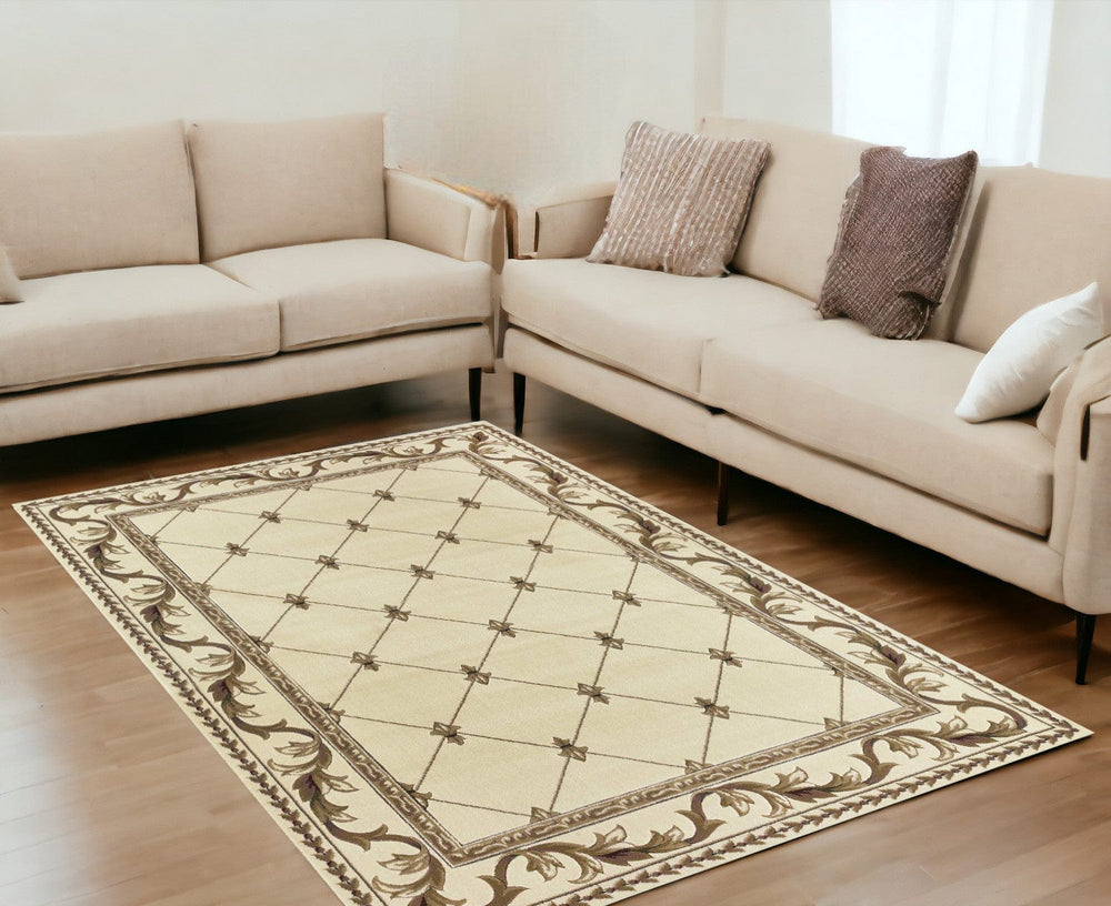 5' X 8' Ivory Machine Woven Hand Carved Fleur De Lis Indoor Area Rug - Homeroots