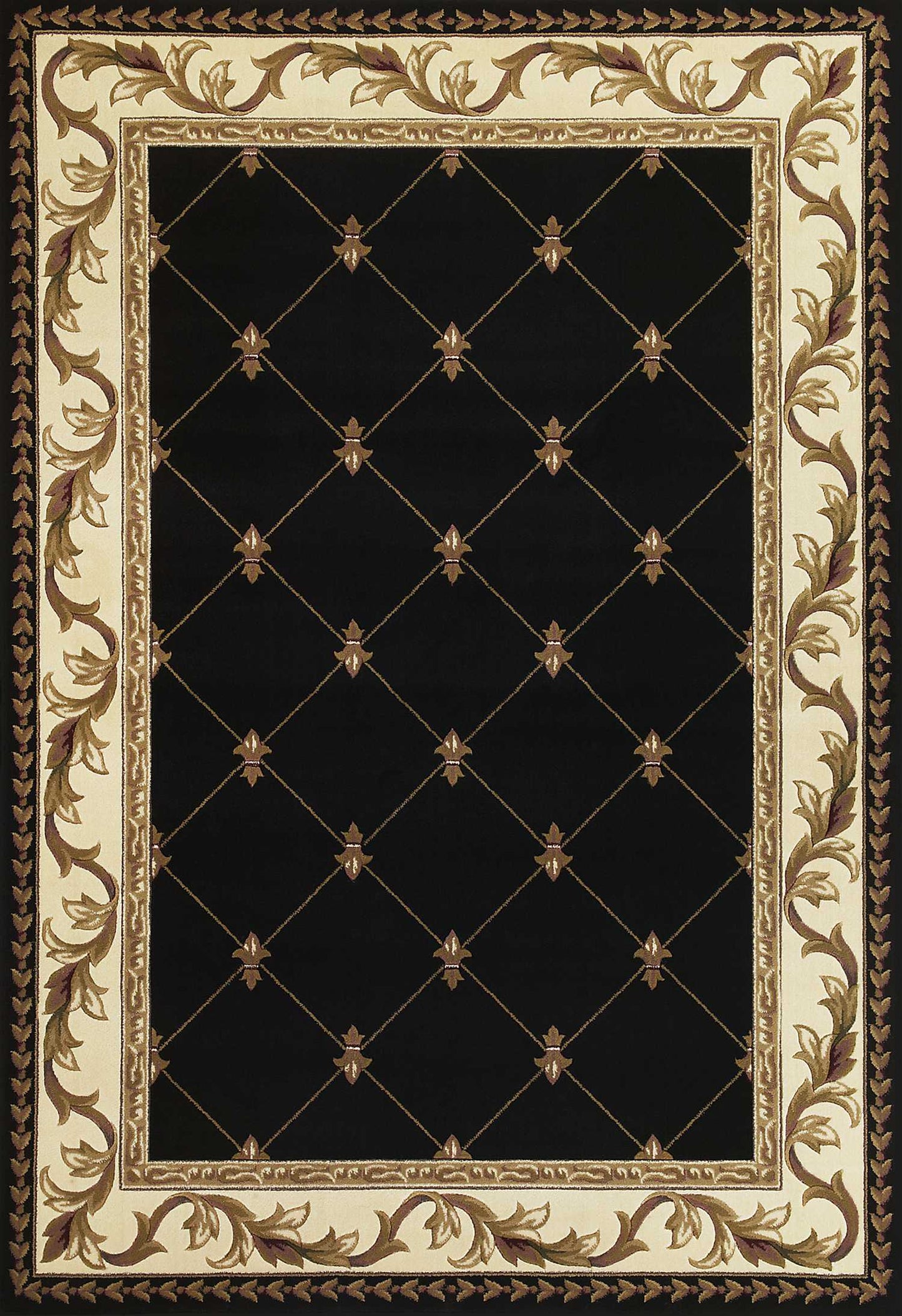 5' X 8' Black and Tan Fleur de Lis Diamond Border Area Rug - Homeroots - Flyclothing LLC