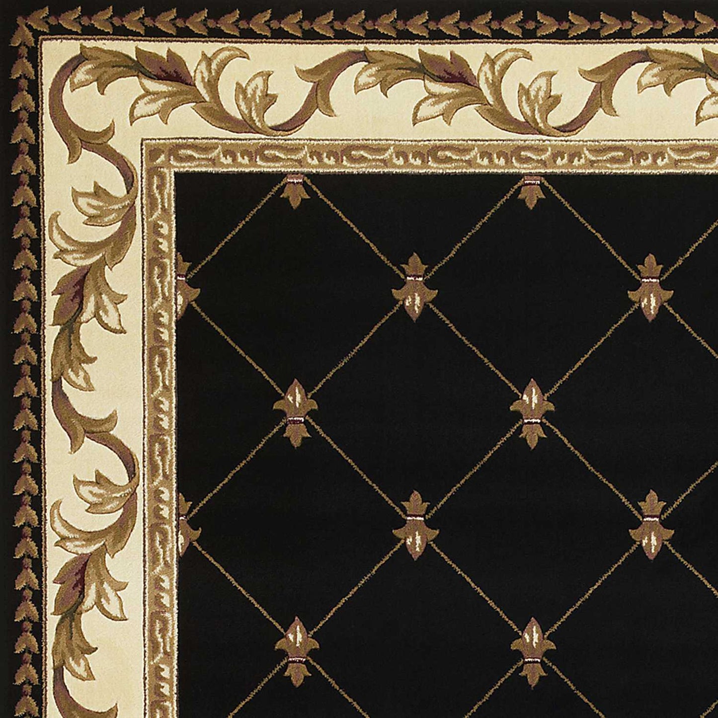 5' X 8' Black and Tan Fleur de Lis Diamond Border Area Rug - Homeroots - Flyclothing LLC