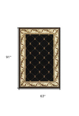 5' X 8' Black and Tan Fleur de Lis Diamond Border Area Rug - Homeroots - Flyclothing LLC