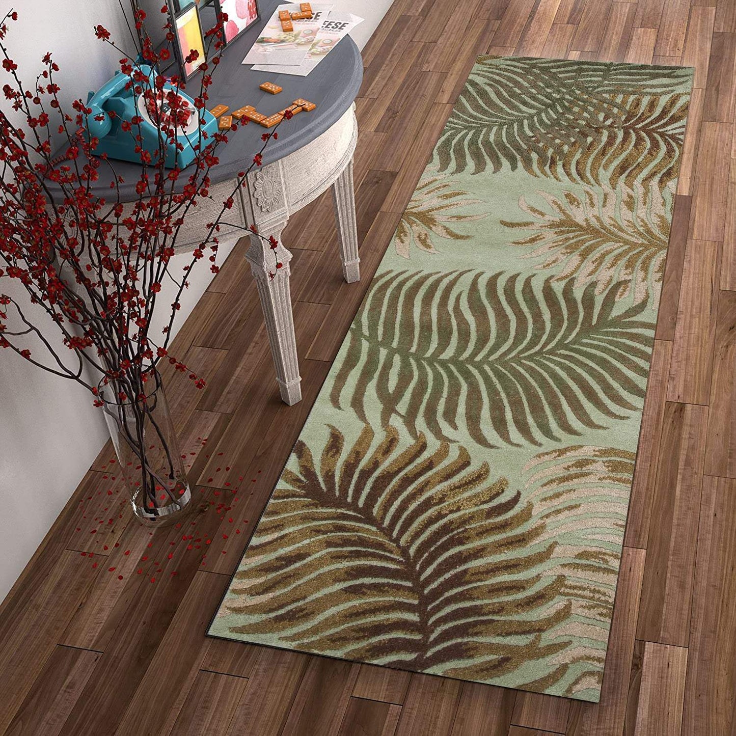 8' Aqua Blue Hand Tufted Tropical Leaves Indoor Runner Rug - Homeroots - Flyclothing LLC