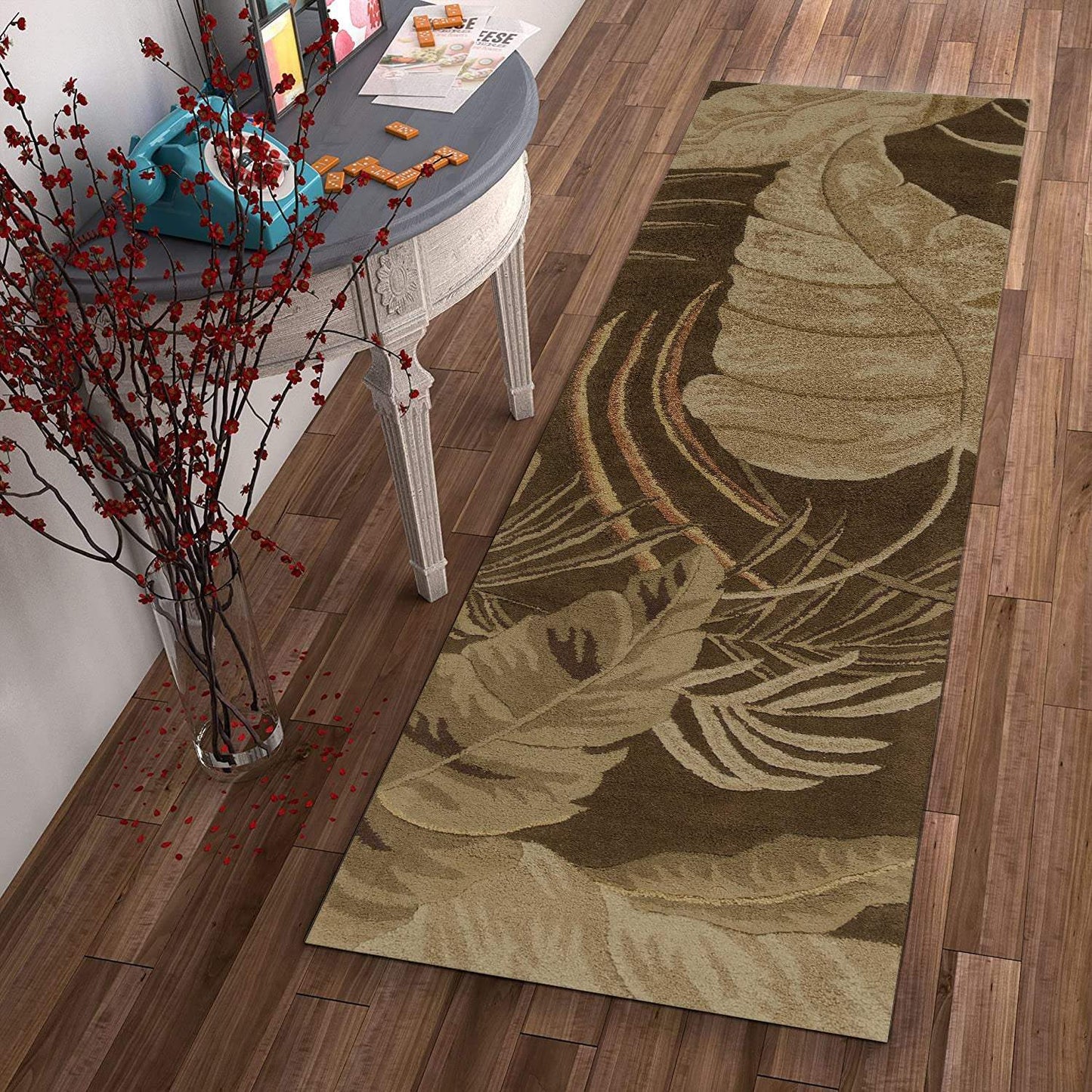 8' Mocha Brown Hand Tufted Tropical Leaves Indoor Runner Rug - Homeroots - Flyclothing LLC