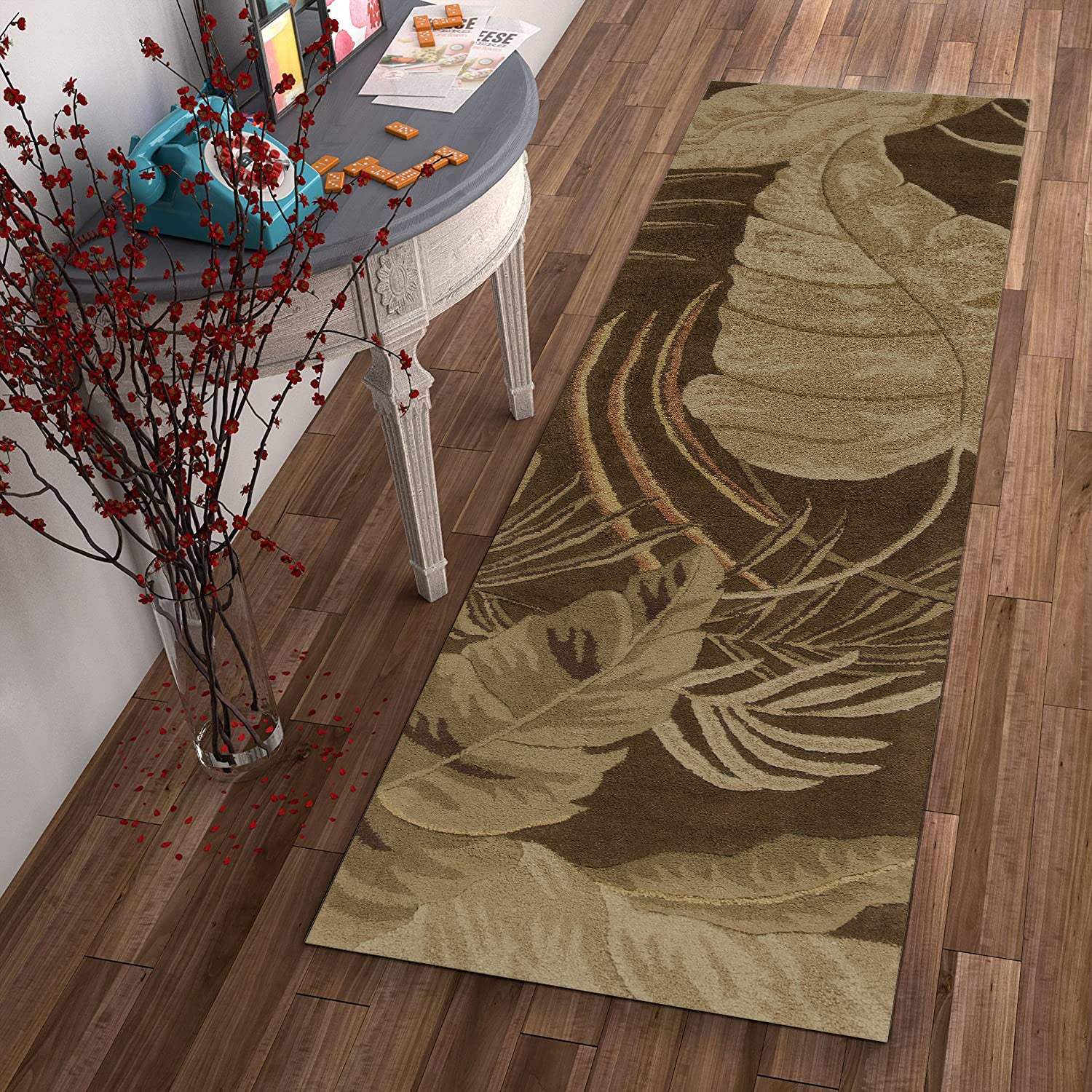 8' Mocha Brown Hand Tufted Tropical Leaves Indoor Runner Rug - Homeroots - Flyclothing LLC