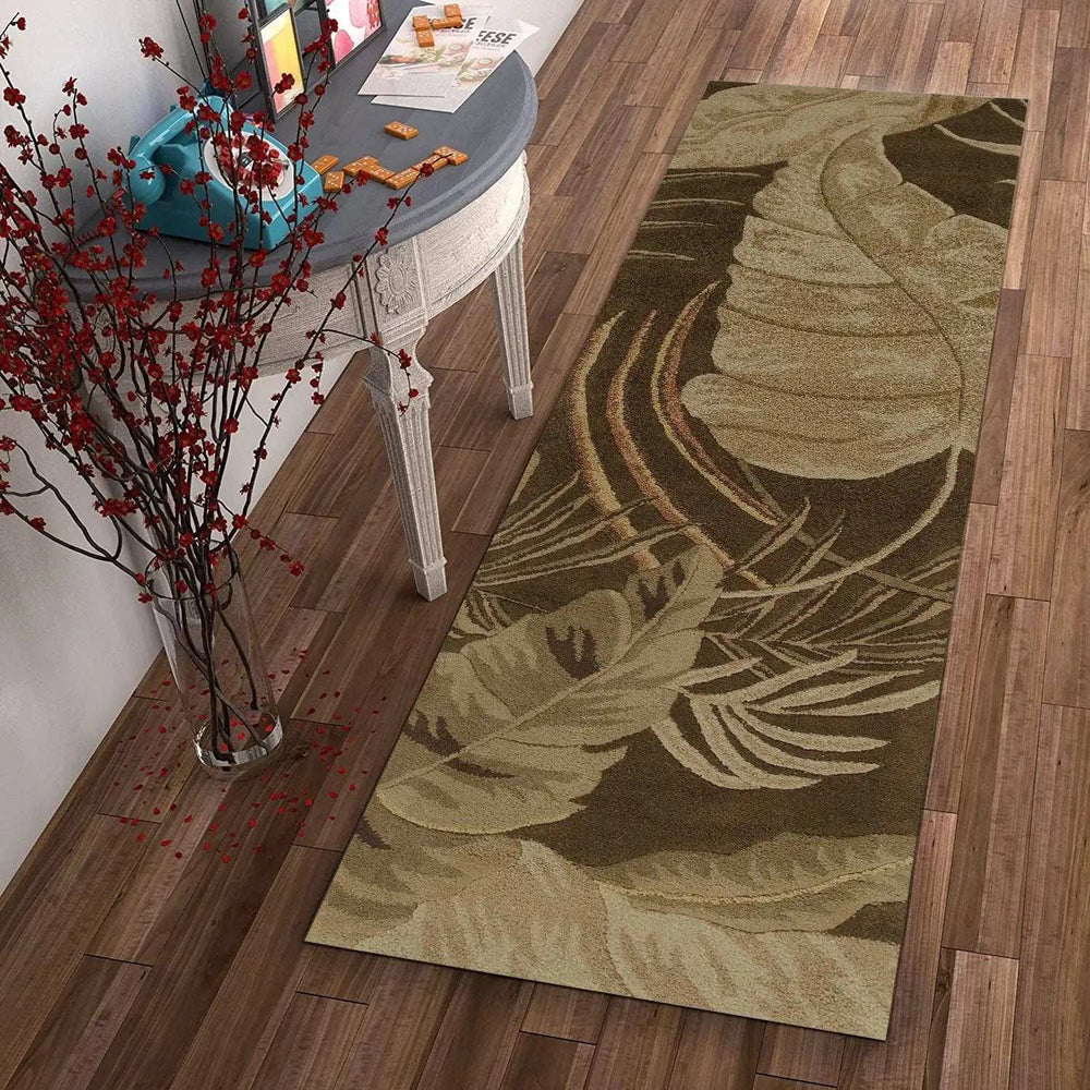8' Mocha Brown Hand Tufted Tropical Leaves Indoor Runner Rug - Homeroots - Flyclothing LLC