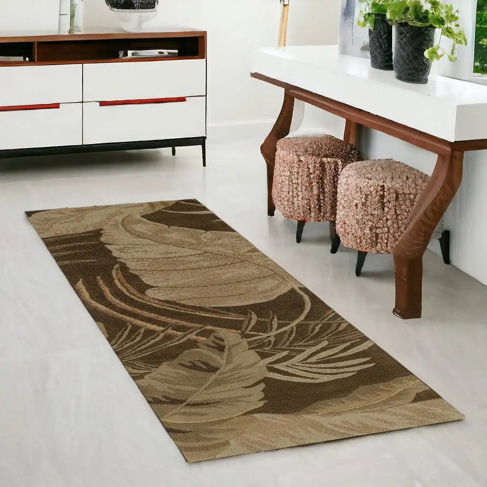 8' Mocha Brown Hand Tufted Tropical Leaves Indoor Runner Rug - Homeroots