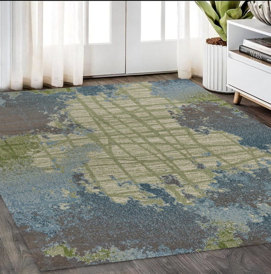5' X 8' Green Blue Machine Woven Abstract Indoor Area Rug - Homeroots