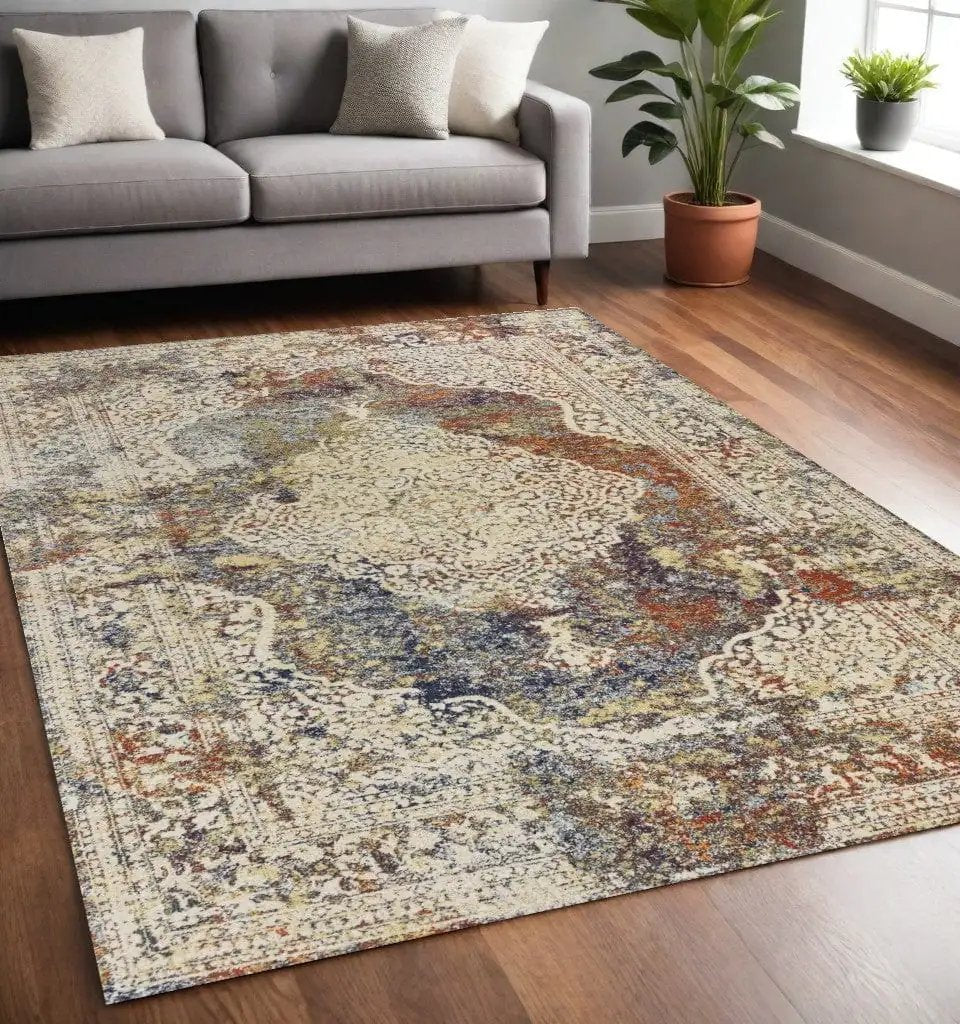 5' X 8' Ivory Navy and Orange Medallion Area Rug - Homeroots