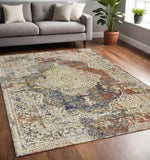 5' X 8' Ivory Navy and Orange Medallion Area Rug - Homeroots