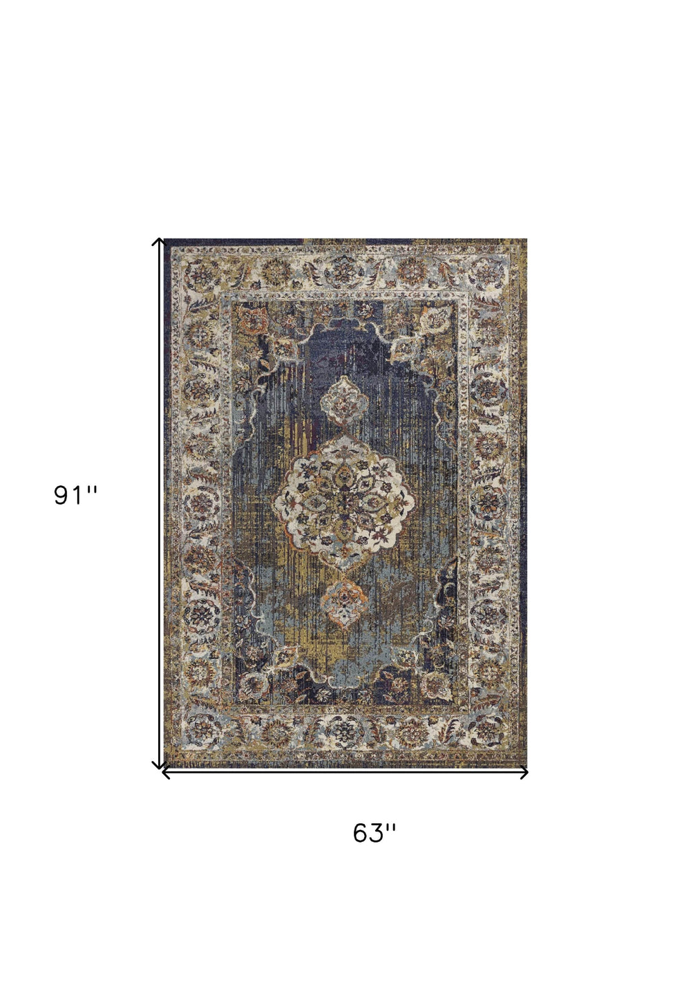 5' X 8' Navy Gold and Ivory Floral Medallion Area Rug - Homeroots