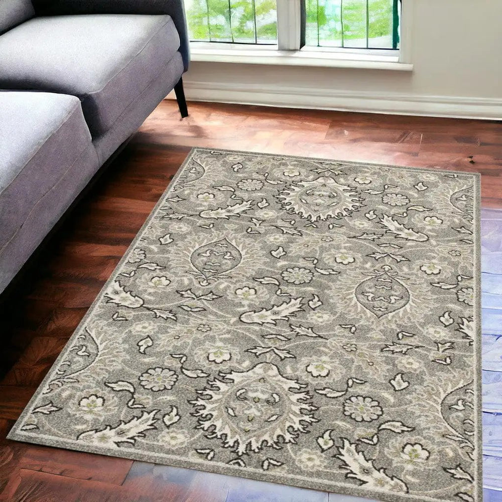 7' X 9' Gray and Ivory Floral Vines Area Rug With UV Protection - Homeroots