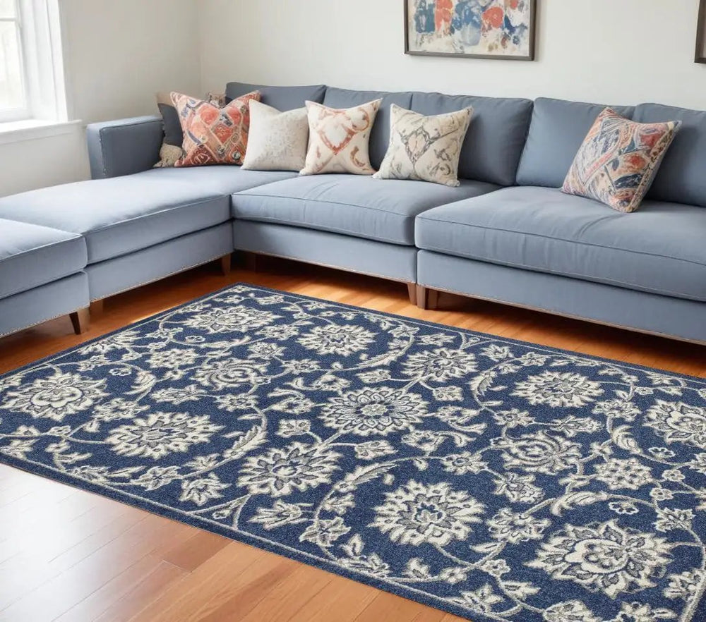 7' X 9' Denim Floral Vine Uv Treated Indoor Area Rug - Homeroots