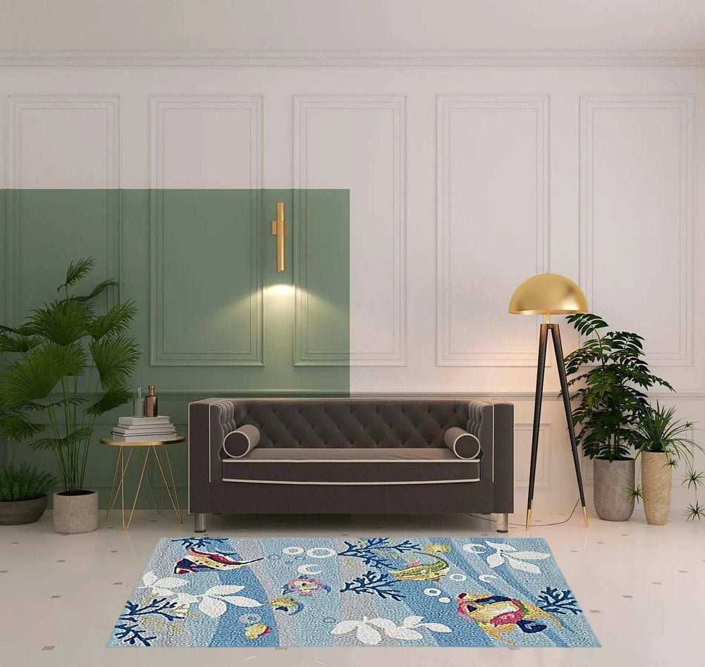 5' X 8' Blue Hand Hooked Marine Life Indoor Area Rug - Homeroots - Flyclothing LLC