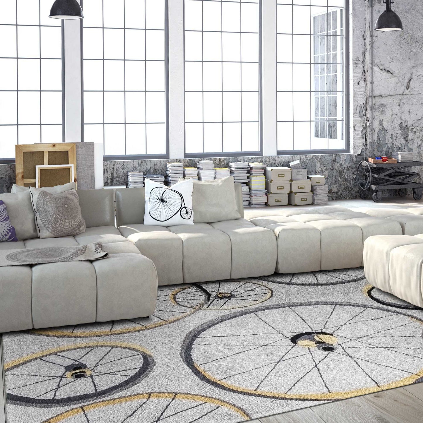 5' X 8' Grey Hand Hooked Wheels Indoor Area Rug - Homeroots - Flyclothing LLC