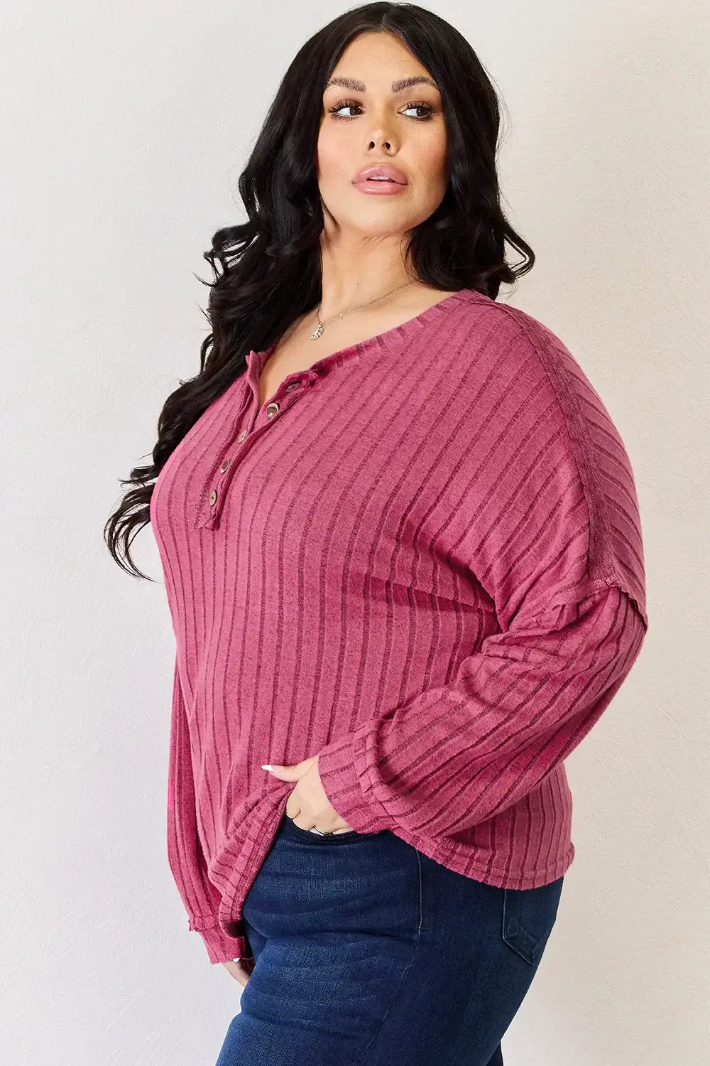 Basic Bae Full Size Ribbed Half Button Long Sleeve High-Low T-Shirt - ShopBasicbae - Flyclothing LLC