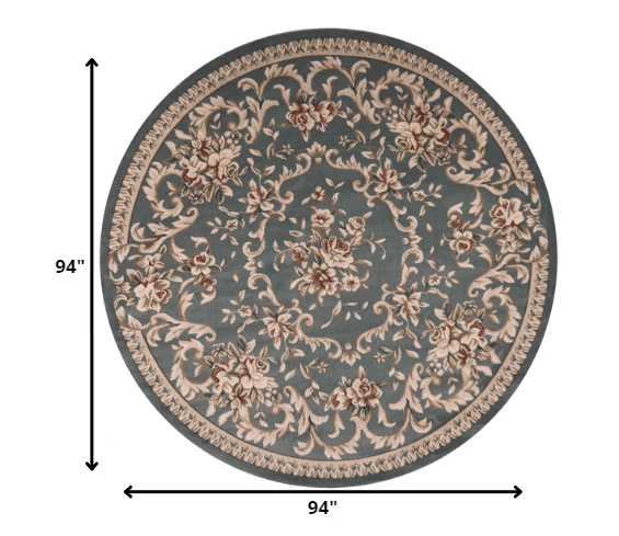 8' Round Slate Blue Floral Vine Bordered Indoor Area Rug - Homeroots - Flyclothing LLC